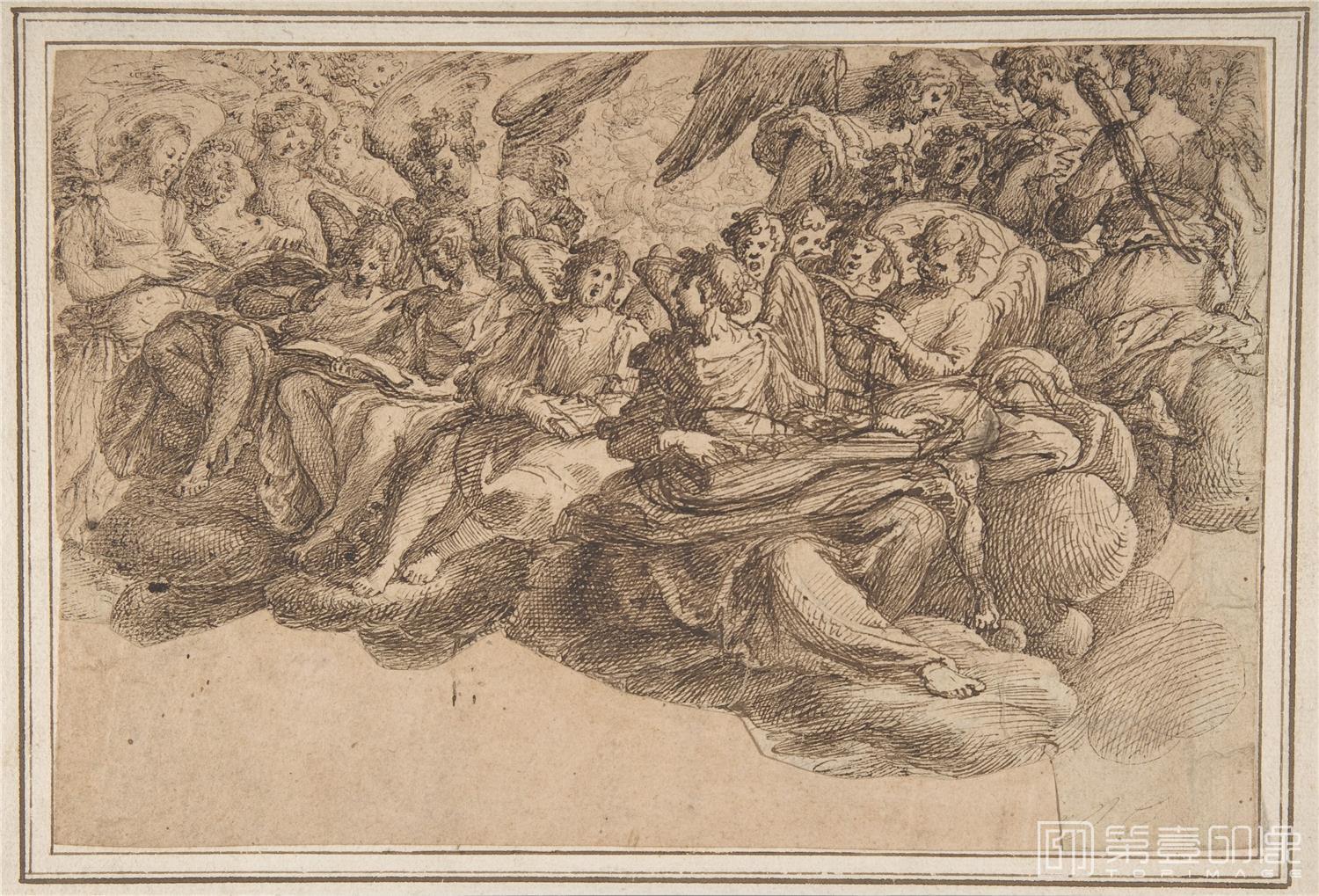 素描-美国纽约大都会美术馆素描藏画-Andrea CommodiMusic-Making Angels Seated on Clouds-0070